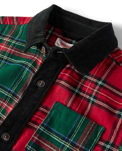 Boys Plaid Colorblock Button Up Shirt - Tartan Remix