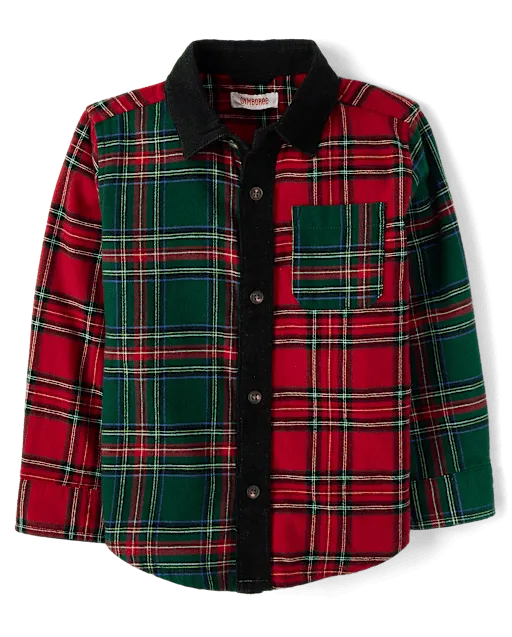 Boys Plaid Colorblock Button Up Shirt - Tartan Remix