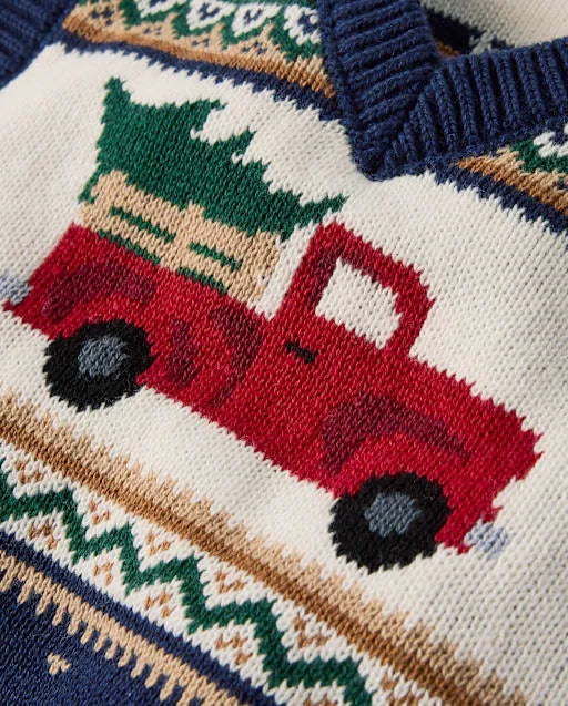 Boys Truck Fairisle Sweater Vest - Tartan Remix