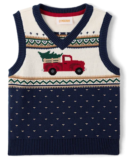 Boys Truck Fairisle Sweater Vest - Tartan Remix