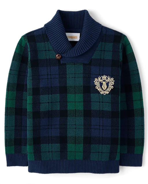 Boys Plaid Shawl Collar Sweater - Tartan Remix