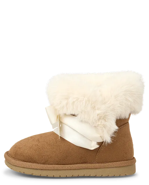 Girls Bow Faux Fur Chalet Boots - Little Essentials