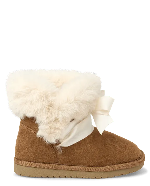 Girls Bow Faux Fur Chalet Boots - Little Essentials