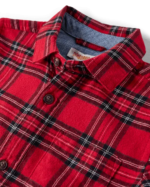 Boys Plaid Flannel Long Sleeve Button Front Woven Shirt