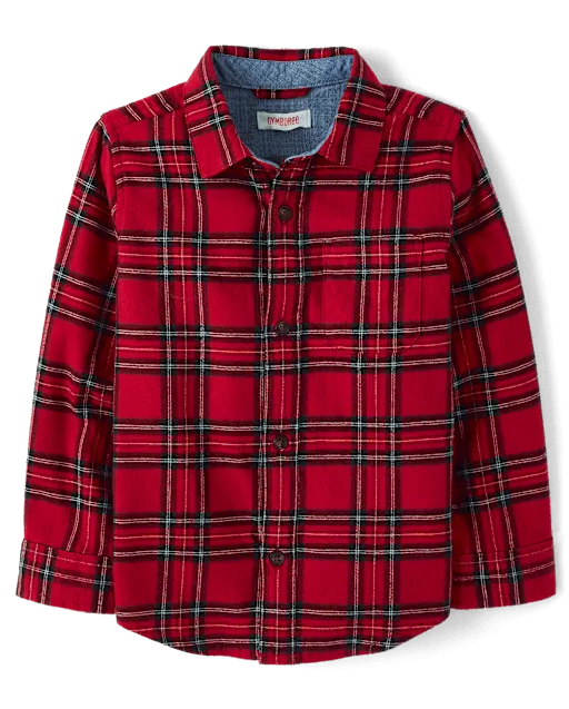 Boys Plaid Flannel Long Sleeve Button Front Woven Shirt