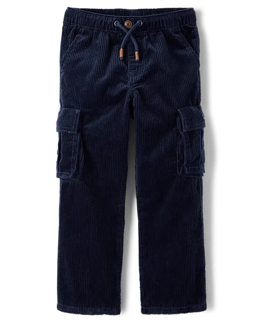 Boys Bubble Corduroy Pull On Cargo Pants - Tartan Remix