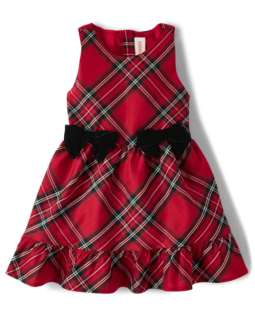 Girls Plaid Bow Ruffle Dress - Tartan Remix