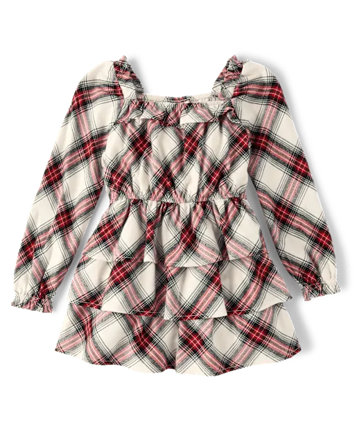 Girls Plaid Flannel Tiered Dress - Tartan Remix
