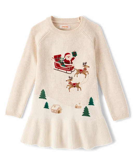 Girls Embroidered Holiday Scene Peplum Sweater Dress - Tartan Remix