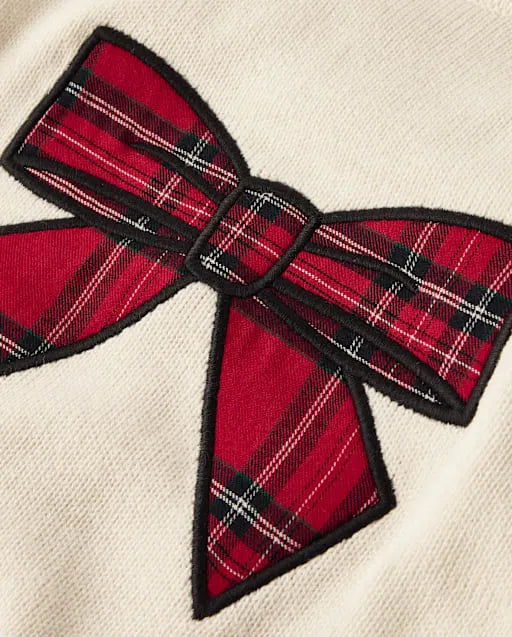 Girls Plaid Applique Bow Raglan Sweater - Tartan Remix