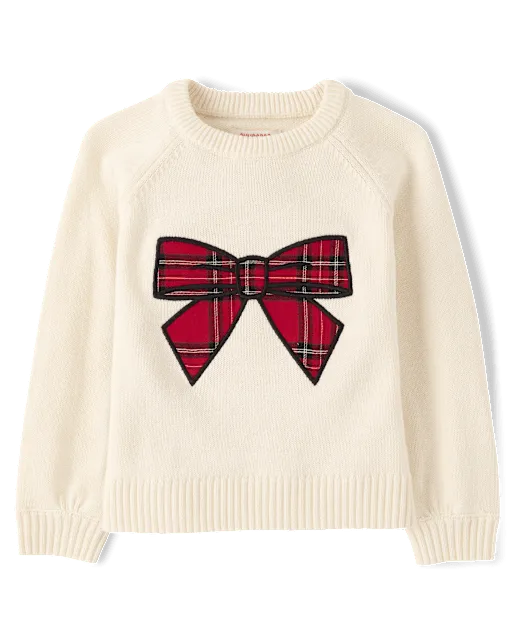 Girls Plaid Applique Bow Raglan Sweater - Tartan Remix