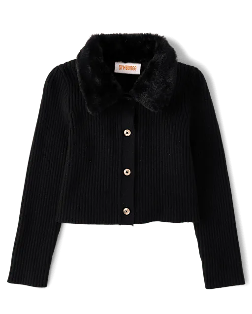 Girls Faux Fur Collar Cardigan - Tartan Remix