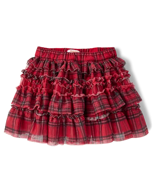 Girls Plaid Mesh Ruffle Tutu Skirt - Tartan Remix
